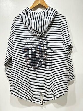 Charlie B Striped 100% Linen Hooded Jacket Women’s White Navy Lightweight Size M